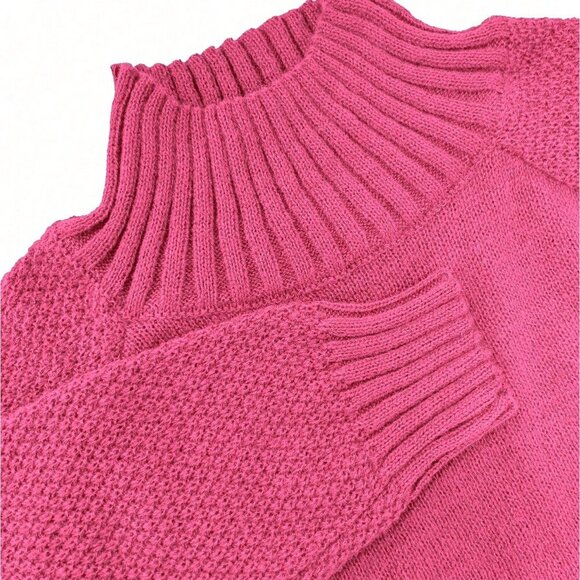 Hot Pink Casual Women's Stand Collar Raglan Sleeve Knit Pullover Sweater - Picture 8 of 8